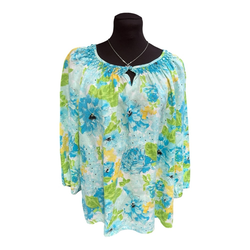 Kim Rogers 100% Linen Relaxed Floral Blouse Top Women’s Lightweight Size L